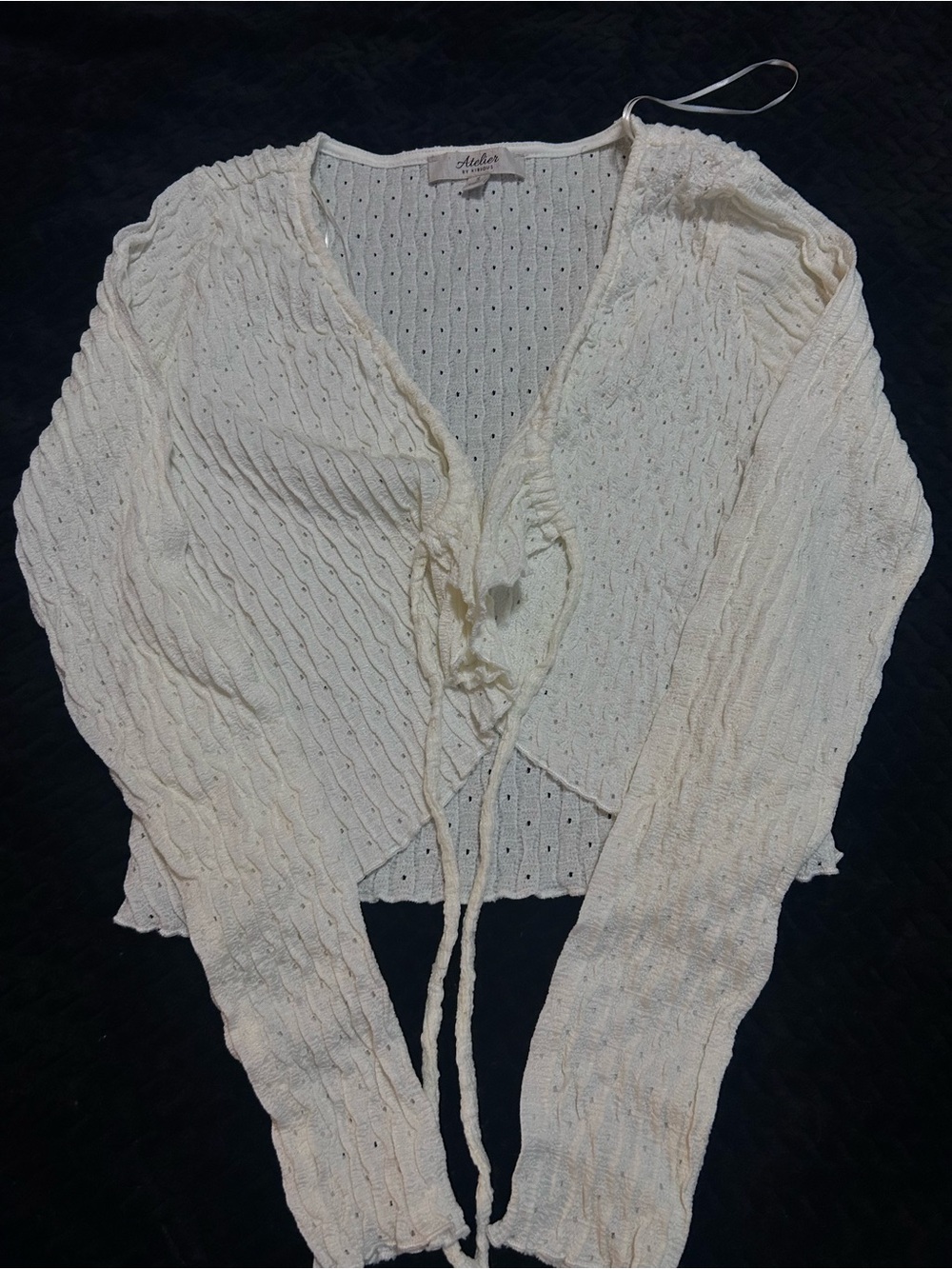 Cream Open-Knit Tie-Front Cardigan Sweater